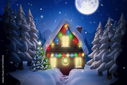 Cozy flat design wooden cabin is glowing with lights by holiday tree in snowy moonlight