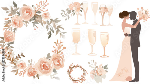 Elegant Wedding Celebration with Floral Accents and Champagne Glasses Illustration