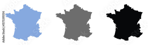 Set of France map in flat style with three color variations: light blue, gray, and black. Perfect for geography, infographic, design use. Isolated on white background.