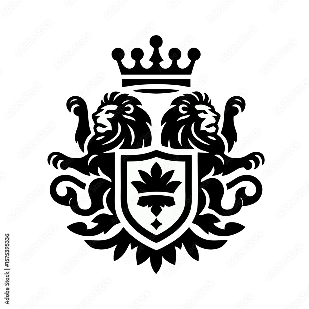Obraz premium royal crest lions holding shield and crown, isolated on white background