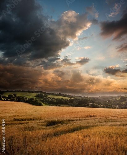 Golden wheat field swaying under looming storm clouds and breaking sunlit clouds over rolling hills