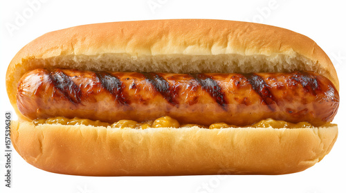 Grilled sausage hot dog with mustard, isolated on pure white background. Charred sausage in soft bun, ultra-sharp studio food photo for easy cut-out.