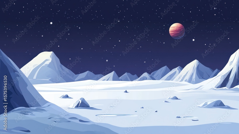 Naklejka premium Frozen alien landscape under a starlit night