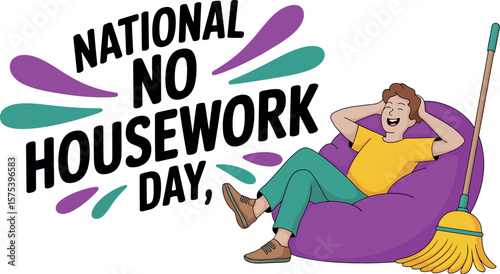 A cartoon illustration of national no housework day with a person relaxing on a beanbag chair