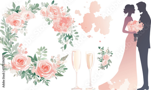 Elegant Wedding Illustration with Watercolor Flowers Champagne Glasses and Bride Silhouette