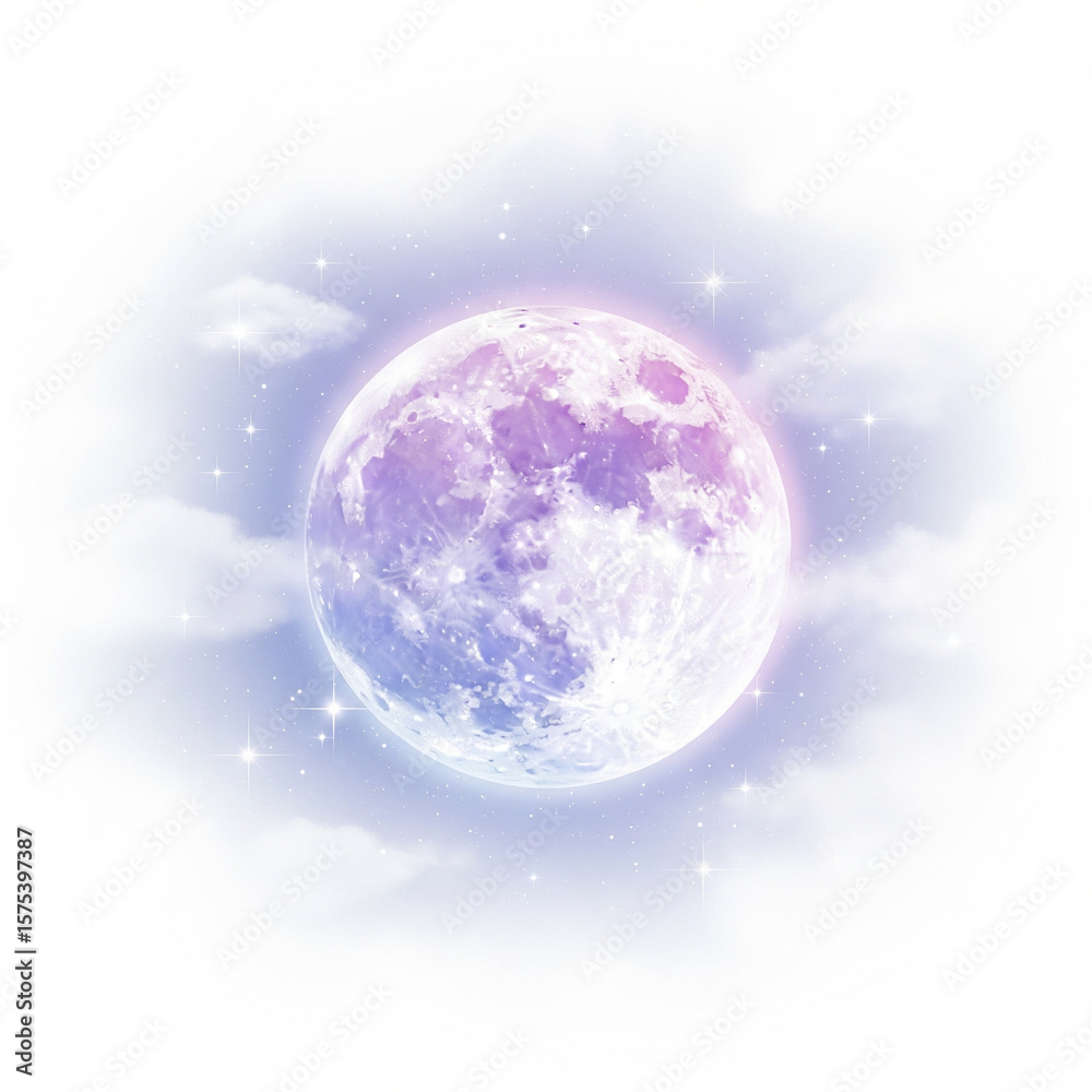 Fototapeta premium Magical full moon glowing in pastel purple, pink, and blue night sky — dreamy atmosphere with glittering stars and soft clouds copy