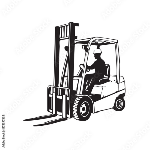 Forklift Operator Silhouette: A detailed black and white illustration captures a forklift operator at work, emphasizing the machine's industrial design and functionality.