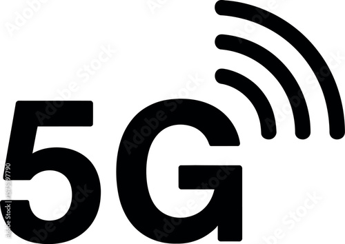 A simple black and white illustration of the five g symbol with wifi waves emanating from it