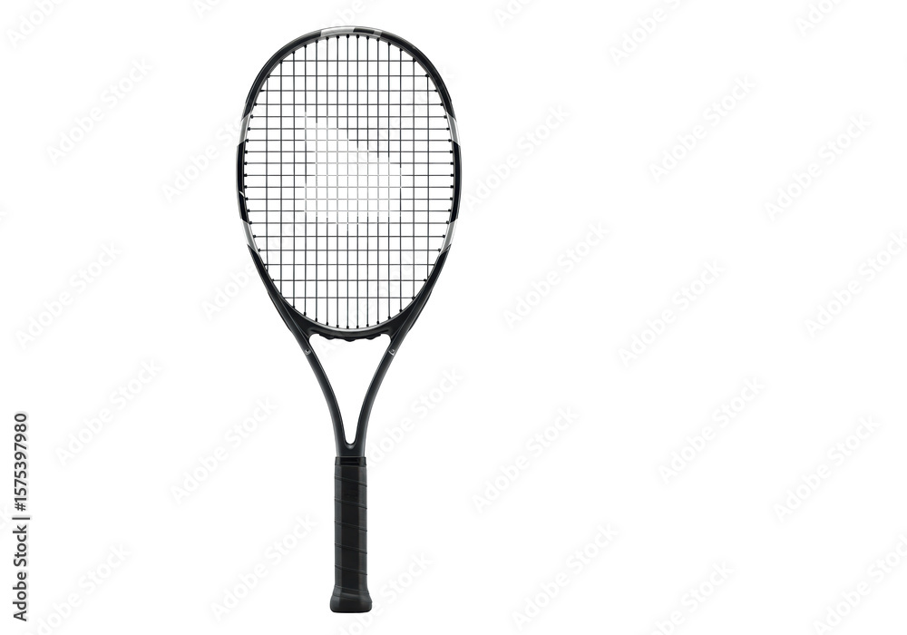A sleek dark grey and black tennis racket with tightly strung white strings and a black textured grip, perfectly isolated against a bright white background with ample copy space, concept of tennis A sleek dark grey and black tennis racket with tightly strung white strings and a black textured grip, perfectly isolated against a bright white background with ample copy space, concept of tennis