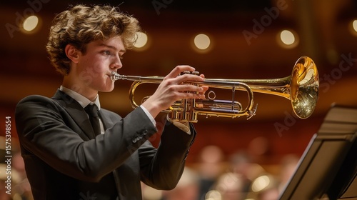 A young musician passionately plays the trumpet on stage. The audience is captivated by the mesmerizing sound. Music brings people together. Generative AI