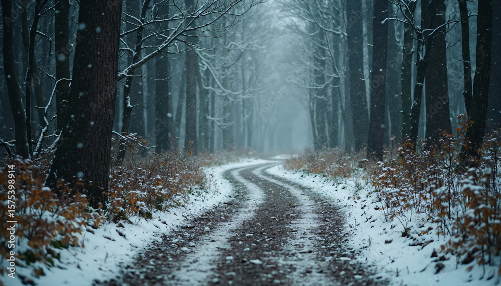 Obraz premium Snowy Path Through Forest with Bare Trees