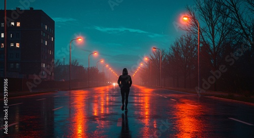 A person walks down a wet, neon-lit street at night.

