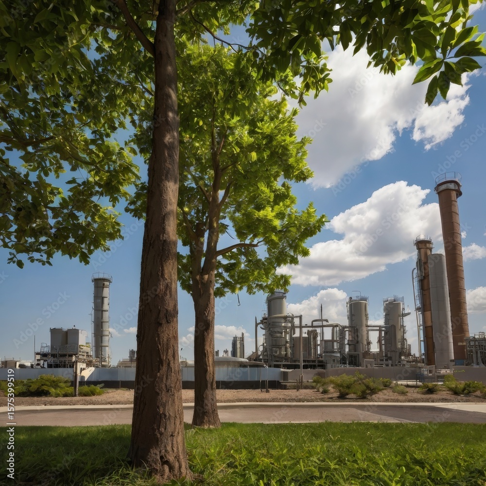 Obraz premium Industrial plant with smokestacks and complex piping viewed through foreground trees under a blue sky with scattered clouds