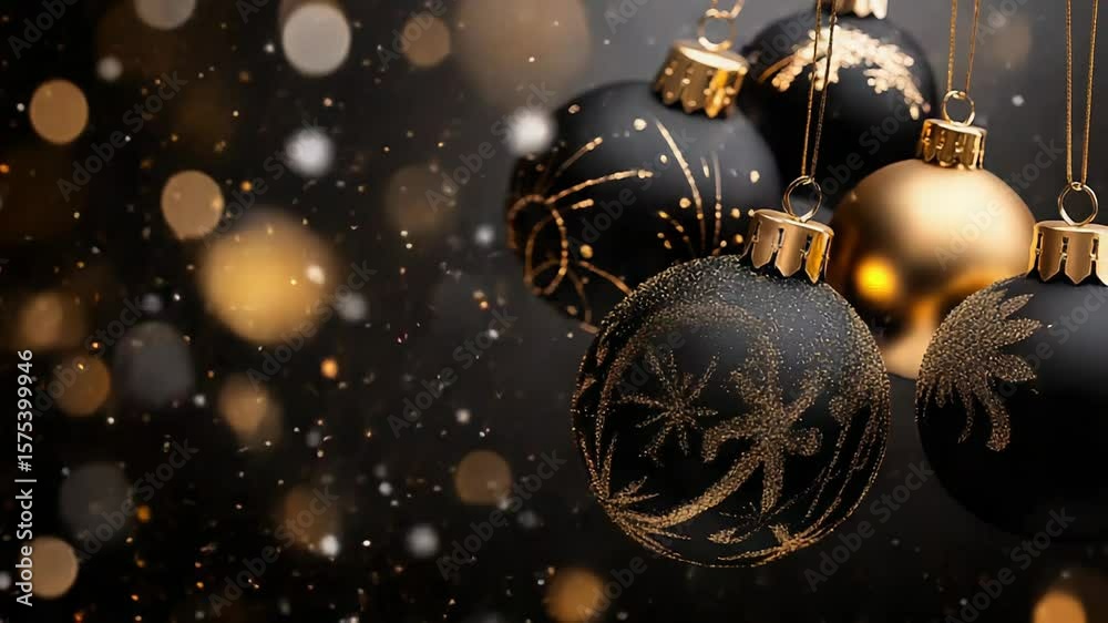 Elegant black and gold christmas ornaments hanging with sparkling bokeh background