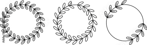 Three minimalist wreaths with leaves arranged in circular patterns on a white background