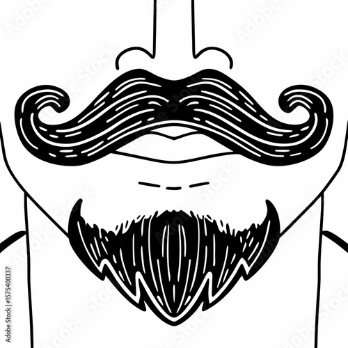 Curled mustache and styled beard in graphic line drawing