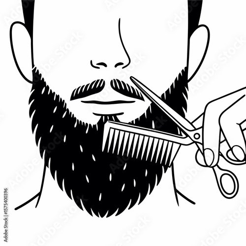 Man trimming beard with scissors and comb line art