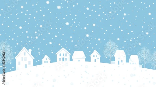 Winter village scene under a light snowfall