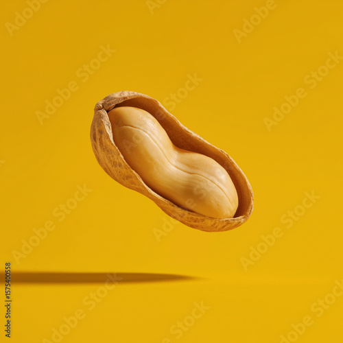 multiple salted, peeled peanuts floating in mid-air, captured in a dynamic and artistic style. The composition emphasizes motion, texture, and detail, creating a visually engaging
