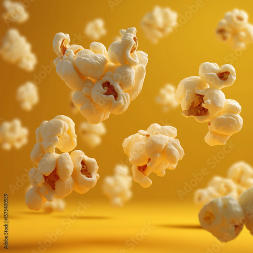 popcorn floating in mid-air, set against a warm, golden background. The composition highlights the popcorn's texture, motion, and vibrant appeal