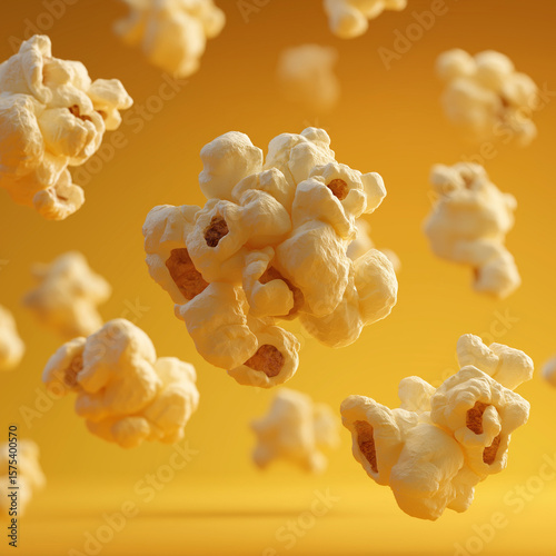 popcorn floating in mid-air, set against a warm, golden background. The composition highlights the popcorn's texture, motion, and vibrant appeal