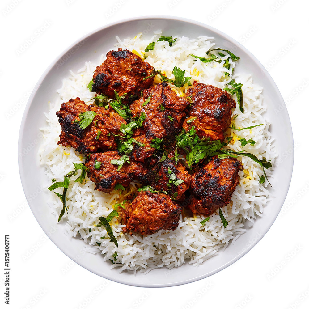 Fototapeta premium Chicken Tikka Masalar orr rice white on a plate on transparent background