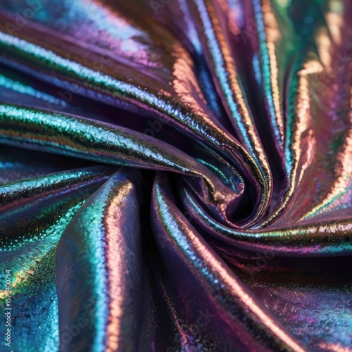 Iridescent fabric drapes  swirls displaying a mix of blues purples greens  pinks