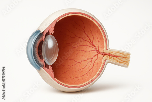 Detailed anatomy of human eye showing lens, retina, optic nerve, and blood vessels in medical illustration with clear structure and vibrant colors