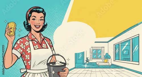 Retro Homemaker with Sparkling Home: A vintage illustration showcasing a smiling woman, exuding charm while holding cleaning supplies. Her dream is visualized as the house clean.