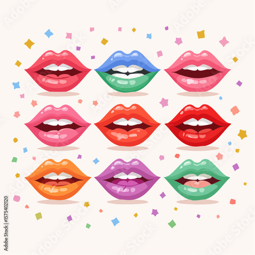 Colorful cartoon lips in various poses and expressions on a white background