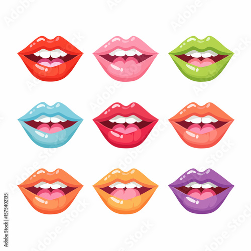 Colorful cartoon lips in various poses and expressions on a white background