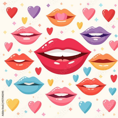 Colorful cartoon lips in various poses and expressions on a white background