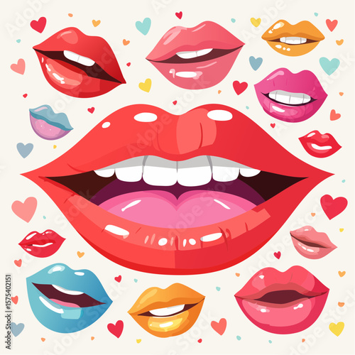 Colorful cartoon lips in various poses and expressions on a white background
