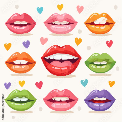 Colorful cartoon lips in various poses and expressions on a white background