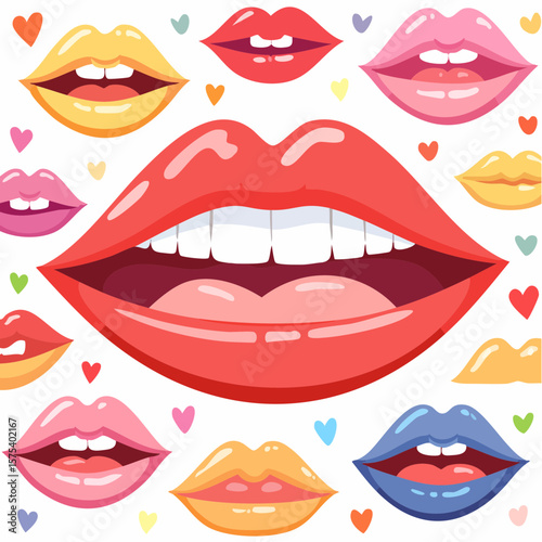 Colorful cartoon lips in various poses and expressions on a white background