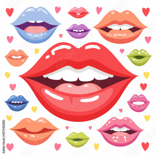 Colorful cartoon lips in various poses and expressions on a white background