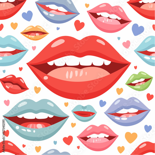 Colorful cartoon lips in various poses and expressions on a white background