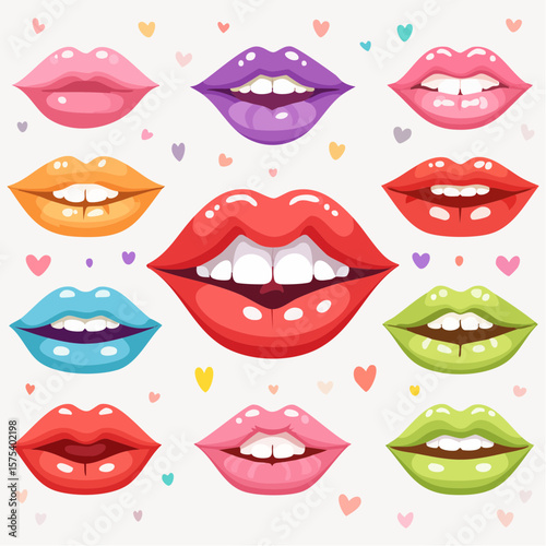Colorful cartoon lips in various poses and expressions on a white background
