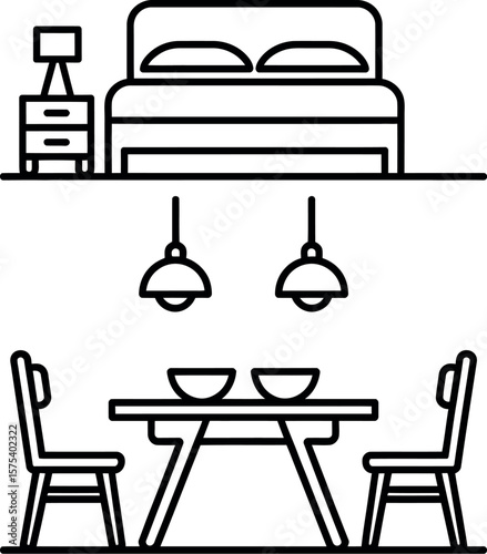 A line drawing of a bedroom with a bed and nightstand above a dining table and two chairs below