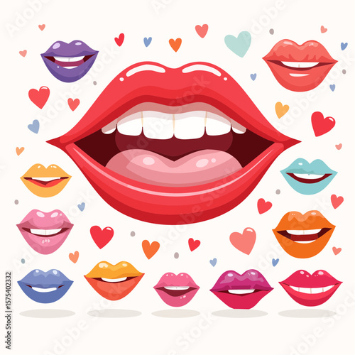 Colorful cartoon lips in various poses and expressions on a white background