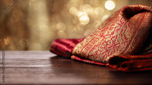 Traditional songket shawl with gold embroidery, draped over teak wood with fireworks in the background.