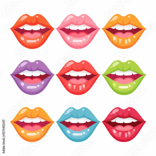 Colorful cartoon lips in various poses and expressions on a white background