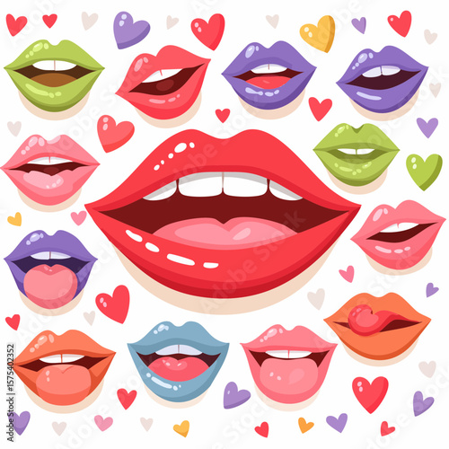 Colorful cartoon lips in various poses and expressions on a white background