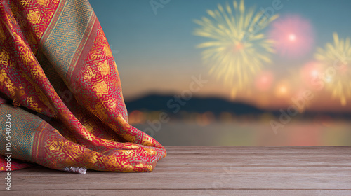 Traditional songket shawl with gold embroidery, draped over teak wood with fireworks in the background.