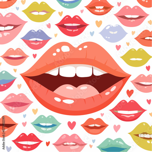 Colorful cartoon lips in various poses and expressions on a white background