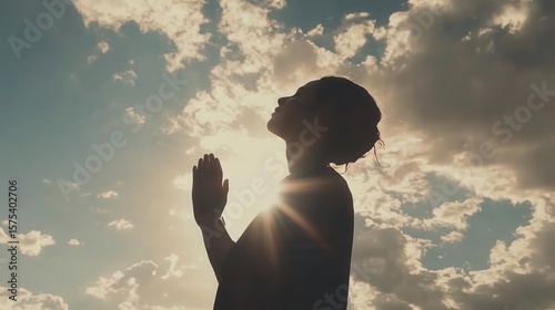 Woman Prays Under Sunlight Sky Seeking Guidance and Hope With Faith Journey