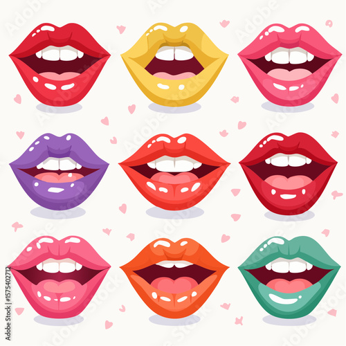 Colorful cartoon lips in various poses and expressions on a white background