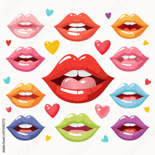 Colorful cartoon lips in various poses and expressions on a white background