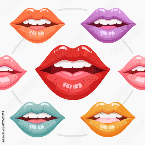 Colorful cartoon lips in various poses and expressions on a white background