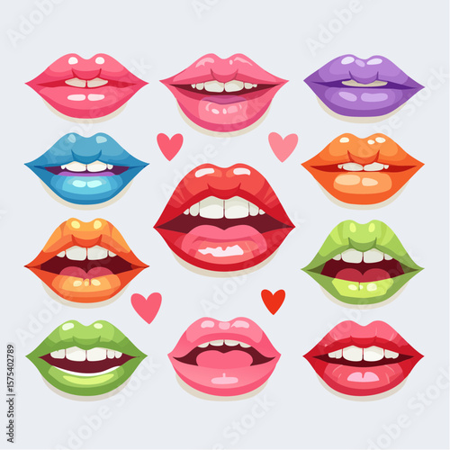 Colorful cartoon lips in various poses and expressions on a white background